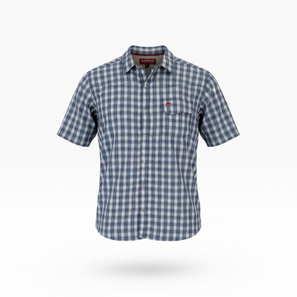 Simms Fishing Products Mens XXL Blue Plaid Vented Short Sleeve Snap Front Shirt